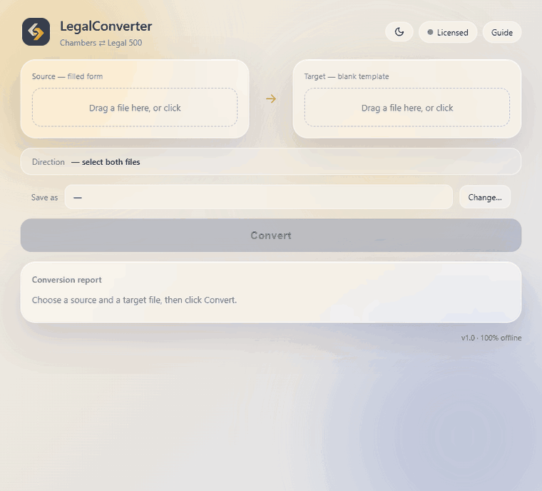 LegalConverter converting a filled Chambers form into a Legal 500 submission